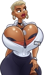 Dr. Faust, in her white blouse with a stethoscope and dark miniskirt